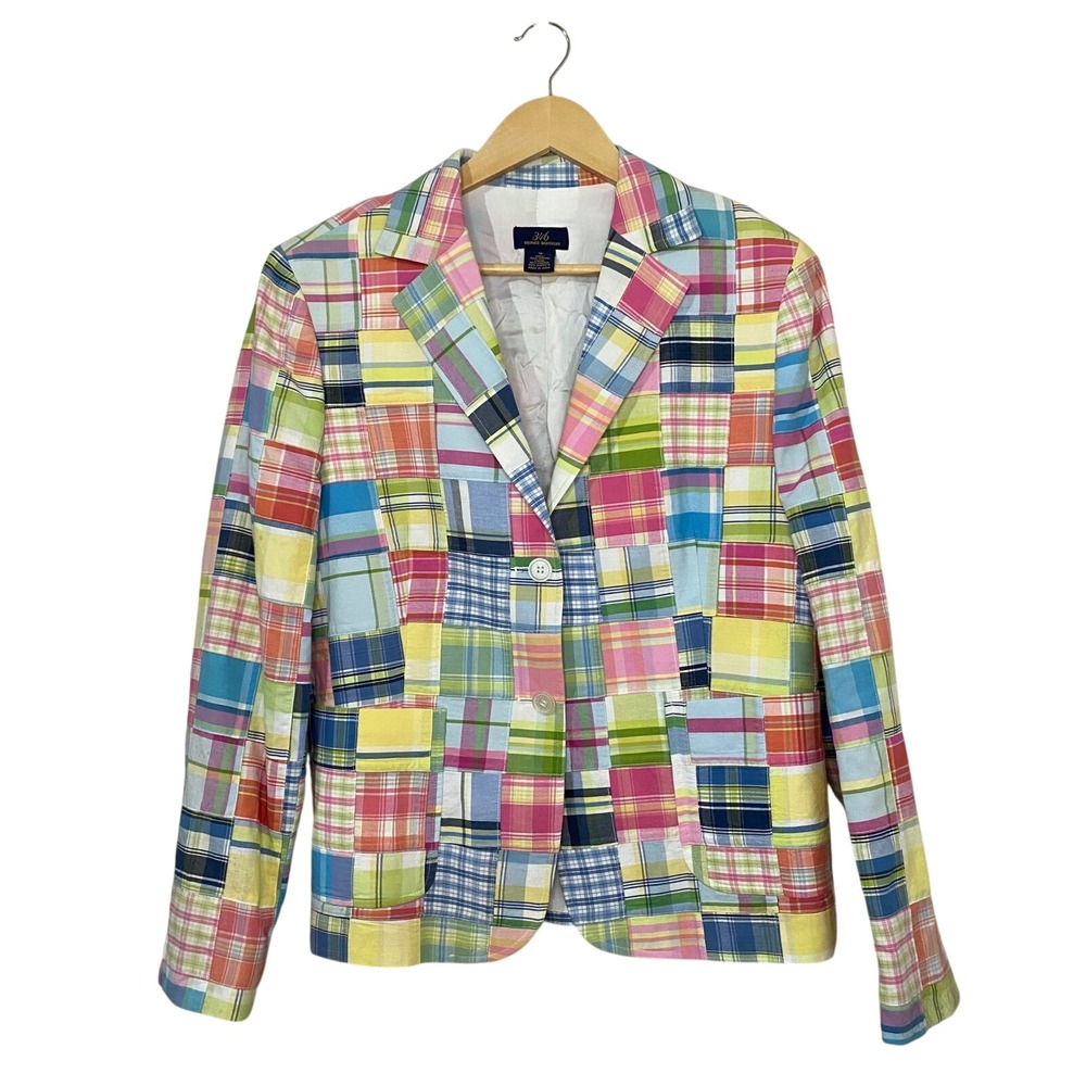 Brooks Brothers 346 Women Patchwork Madras Plaid Cotton Blazer Jacket Sz 12 FLAW